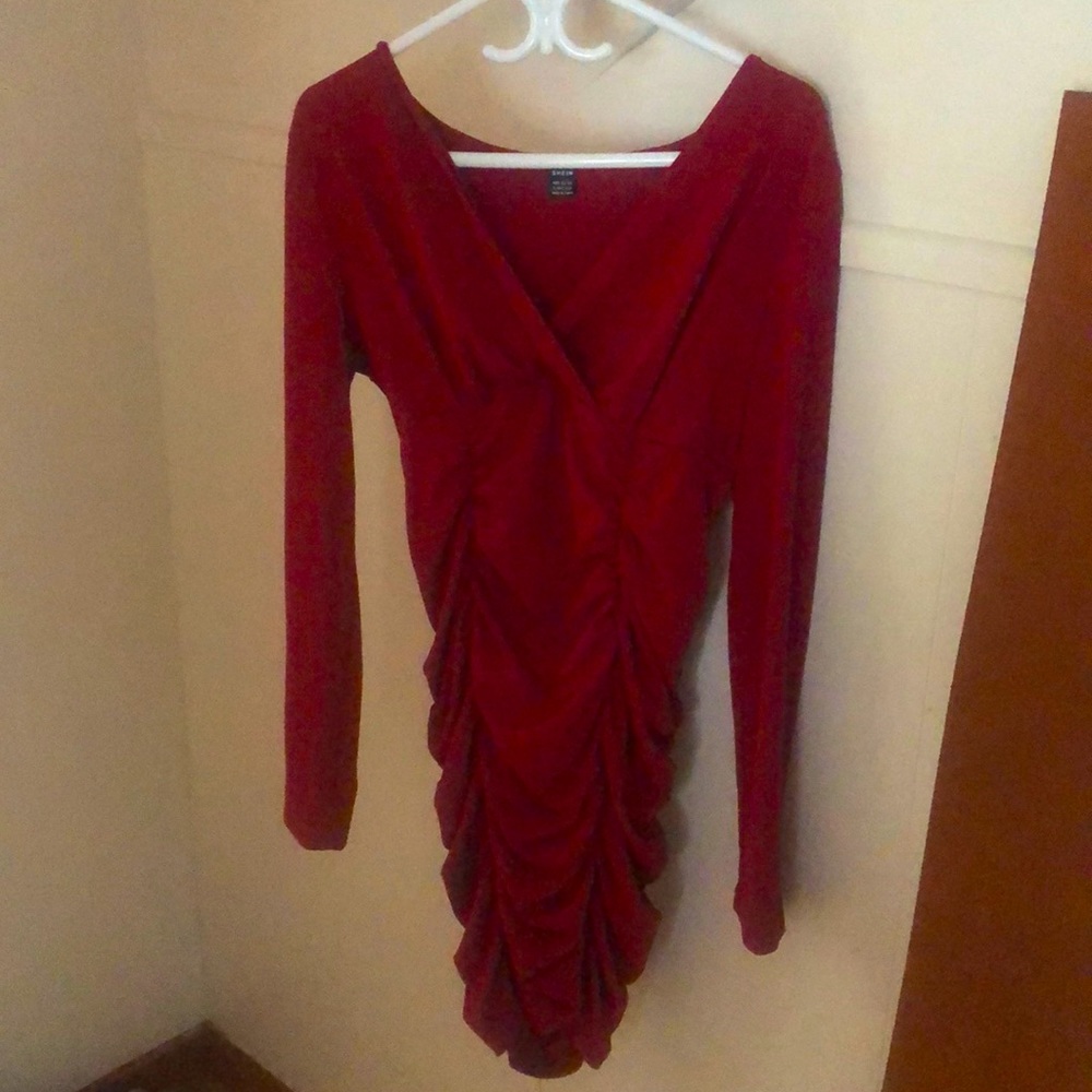 Burgundy dress.